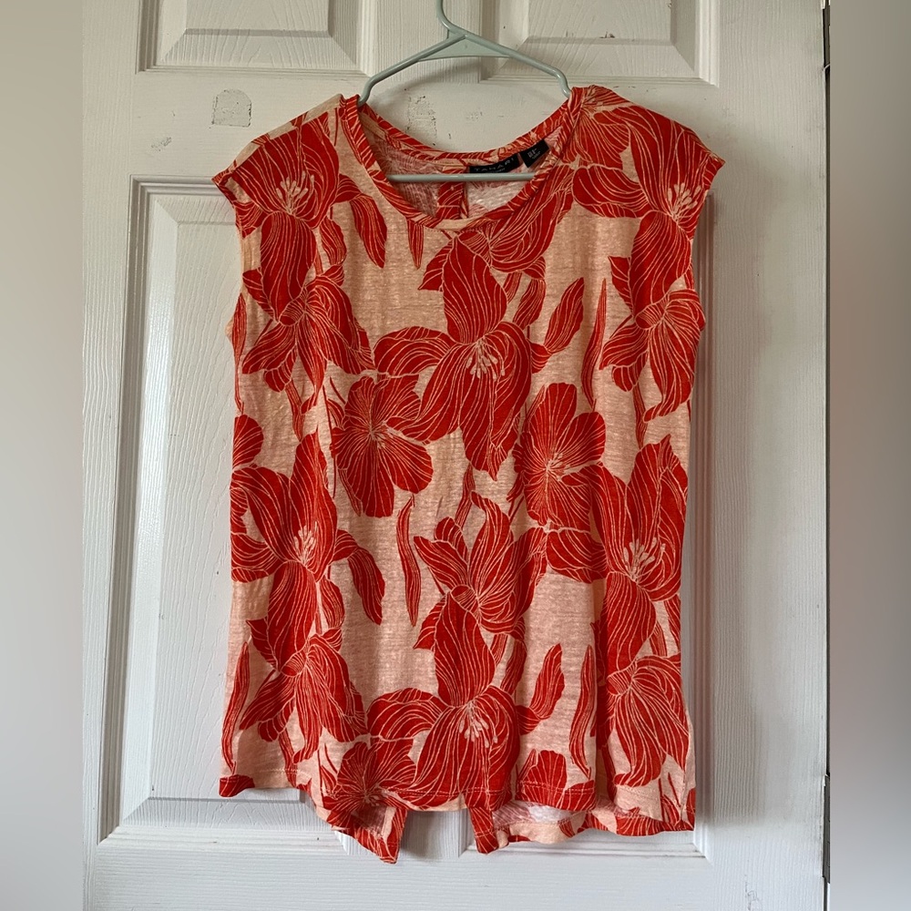 Tahari 100% Linen‎ Orange and Cream Cap Sleeve Round Neck Blouse Sz S